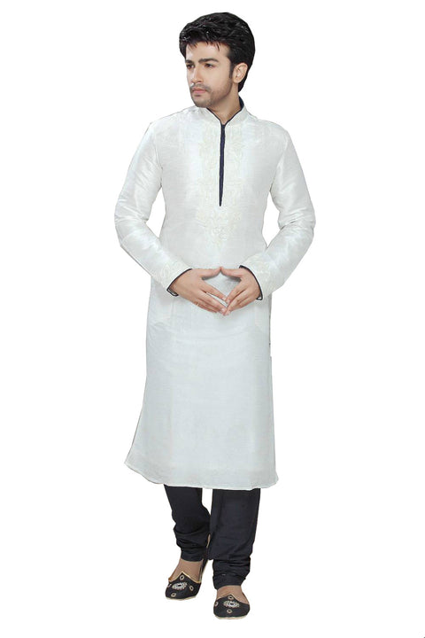 Saris and Things White Art Silk Readymade Ethnic Indian Kurta Pajama for Men