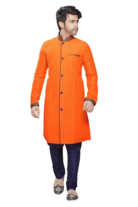 Saris and Things Orange Art Silk Readymade Ethnic Indian Kurta Pajama for Men