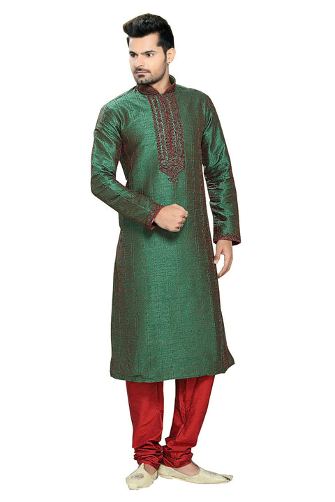 Saris and Things Red & Green Art Silk Readymade Ethnic Indian Kurta Pajama for Men