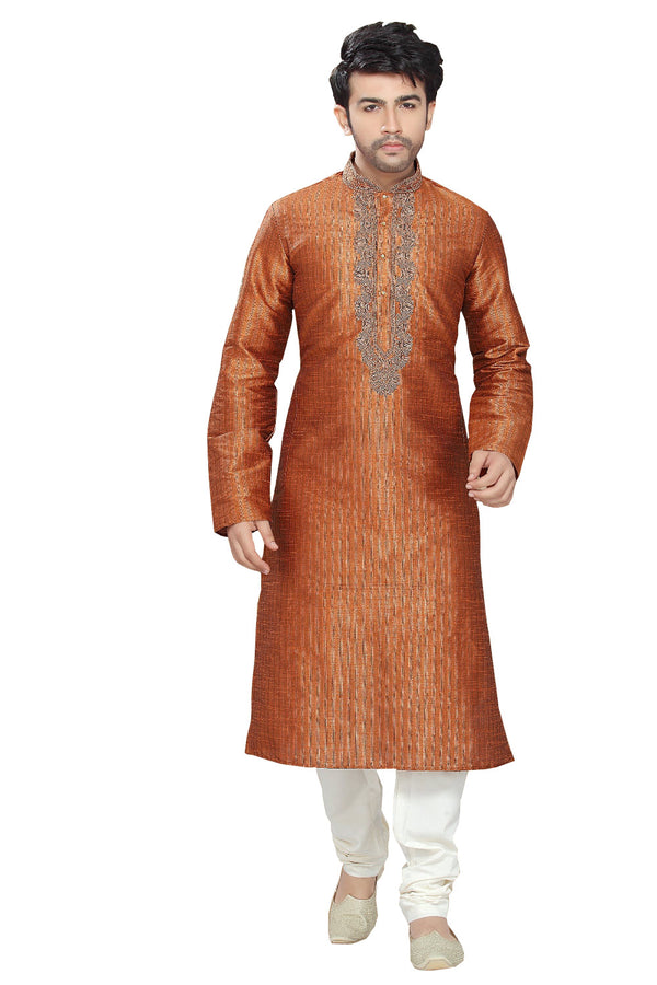 Saris and Things Orange Art Silk Readymade Ethnic Indian Kurta Pajama for Men