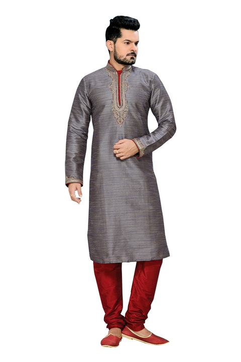 Saris and Things Gray Ghicha Silk Readymade Ethnic Indian Kurta Pajama for Men