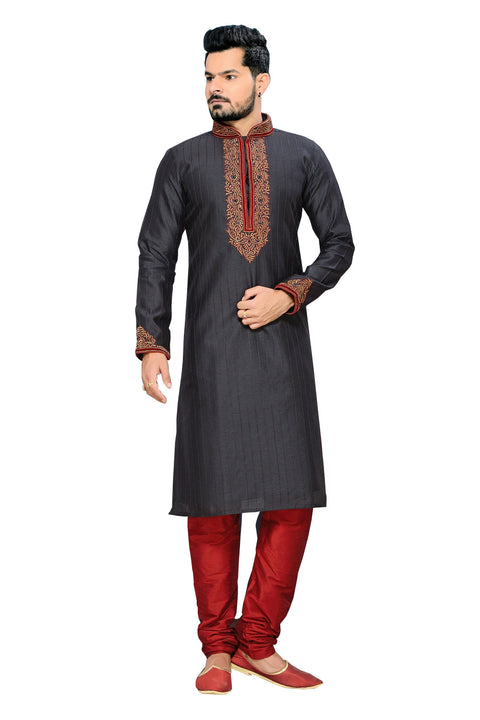 Saris and Things Black Ghicha Silk Readymade Ethnic Indian Kurta Pajama for Men