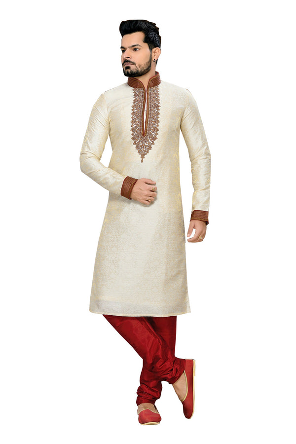 Saris and Things Cream Jacquard & Art Silk Readymade Ethnic Indian Kurta Pajama for Men