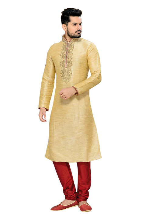 Saris and Things Cream Ghicha Silk Readymade Ethnic Indian Kurta Pajama for Men