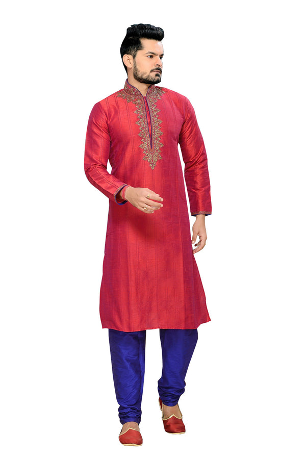 Saris and Things Red Art Silk Readymade Ethnic Indian Kurta Pajama for Men