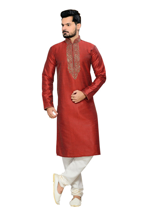 Saris and Things Red Art Silk Readymade Ethnic Indian Kurta Pajama for Men