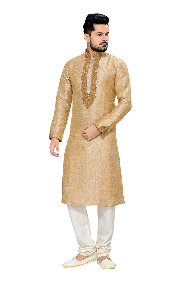 Saris and Things Beige Ghicha Silk Readymade Ethnic Indian Kurta Pajama for Men