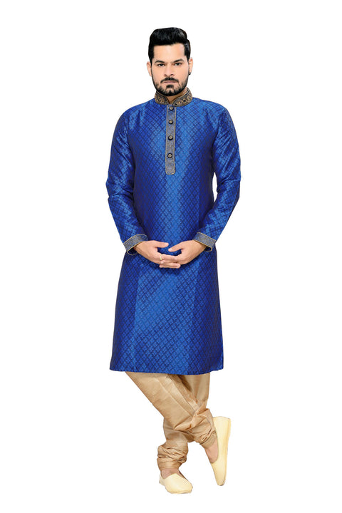 Saris and Things Blue Jacquard Readymade Ethnic Indian Kurta Pajama for Men