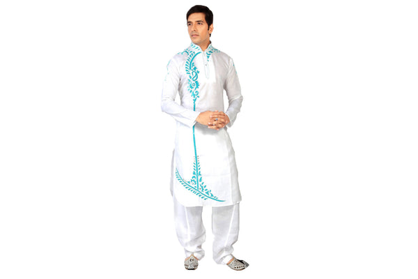 Saris and Things White Cotton Readymade Ethnic Indian Kurta Pajama for Men