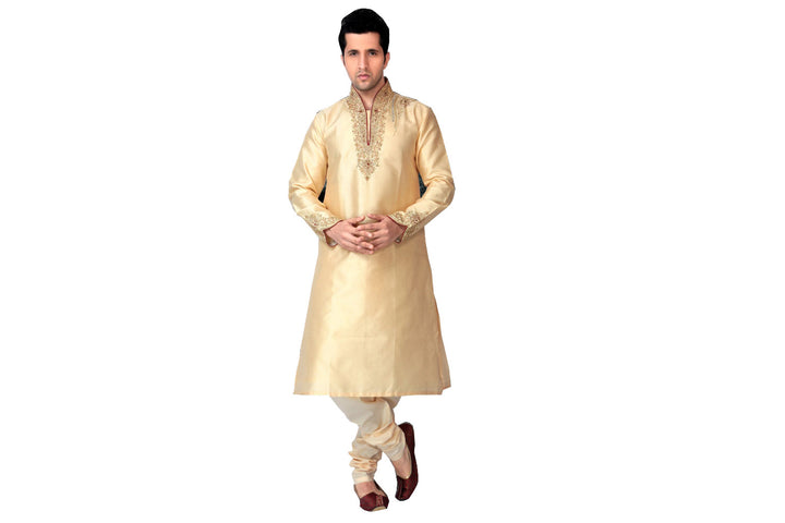 Saris and Things Cream Silk Readymade Ethnic Indian Kurta Pajama for Men