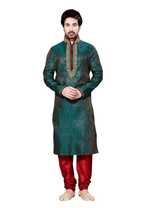 Saris and Things Green Brocade Readymade Ethnic Indian Kurta Pajama for Men