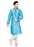 Saris and Things Blue Dupioni Raw Silk Readymade Ethnic Indian Kurta Pajama for Men