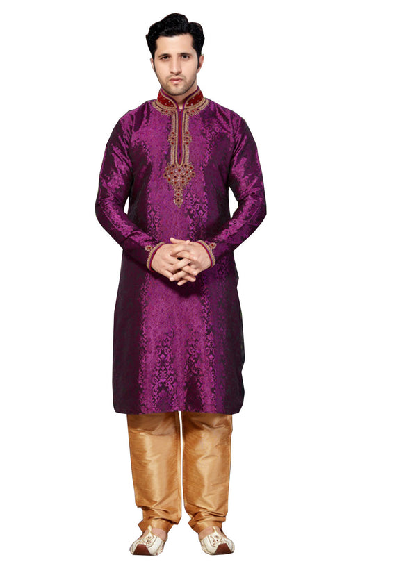 Saris and Things Purple Jacquard Readymade Ethnic Indian Kurta Pajama for Men