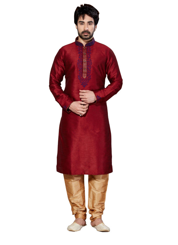Saris and Things Maroon Dupioni Raw Silk Readymade Ethnic Indian Kurta Pajama for Men