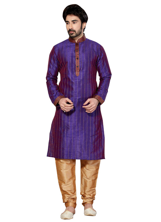 Saris and Things Purple Dupioni Raw Silk Readymade Ethnic Indian Kurta Pajama for Men