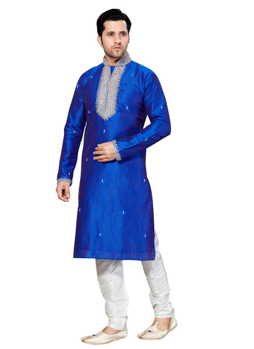 Saris and Things Blue Dupioni Raw Silk Readymade Ethnic Indian Kurta Pajama for Men