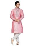 Saris and Things Pink Dupioni Raw Silk Readymade Ethnic Indian Kurta Pajama for Men