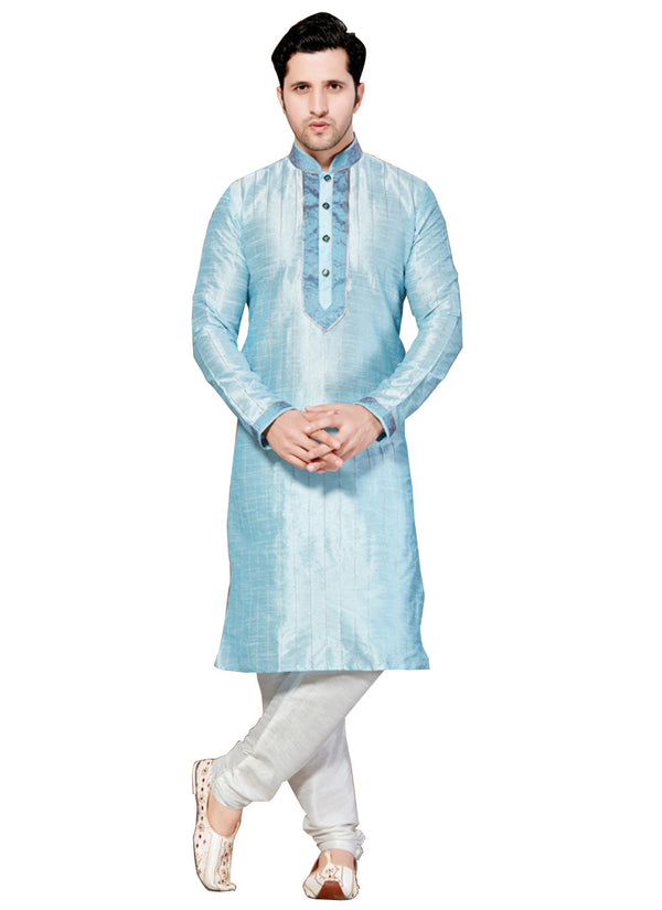 Saris and Things Blue Dupioni Raw Silk Readymade Ethnic Indian Kurta Pajama for Men