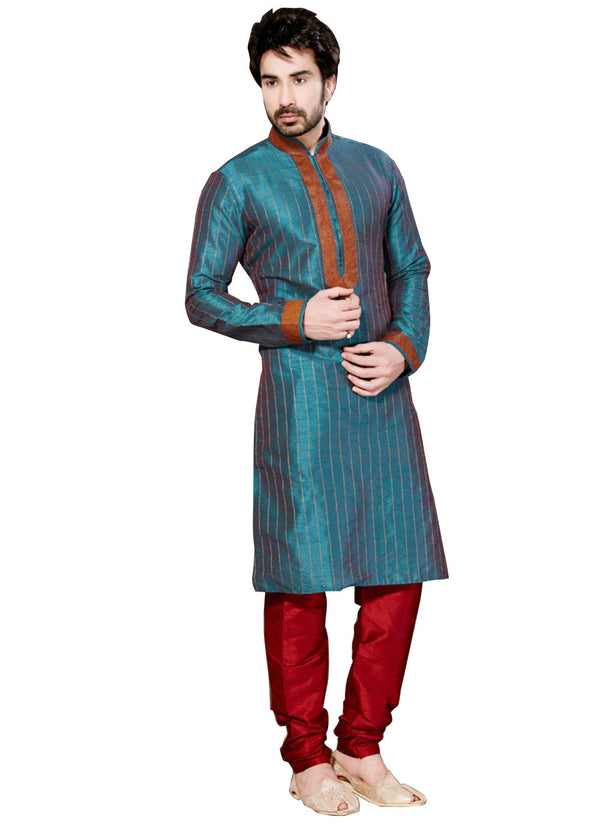 Saris and Things Blue Dupioni Raw Silk Readymade Ethnic Indian Kurta Pajama for Men