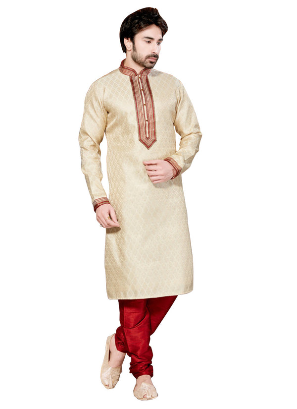 Saris and Things Cream Jacquard Readymade Ethnic Indian Kurta Pajama for Men