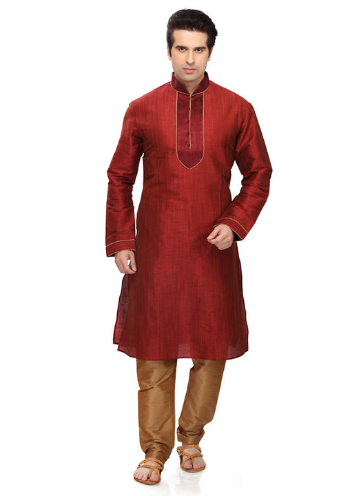 Saris and Things Red Art Silk Readymade Ethnic Indian Kurta Pajama for Men