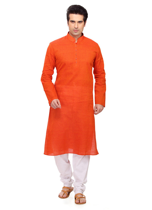 Saris and Things Orange Cotton Readymade Ethnic Indian Kurta Pajama for Men