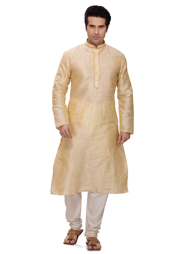 Saris and Things Cream Art Silk Readymade Ethnic Indian Kurta Pajama for Men