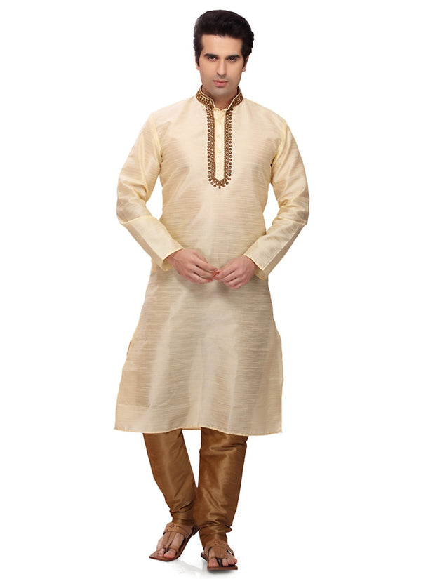 Saris and Things Cream Art Silk Readymade Ethnic Indian Kurta Pajama for Men