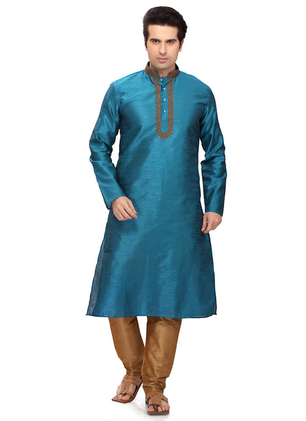 Saris and Things Blue Art Silk Readymade Ethnic Indian Kurta Pajama for Men