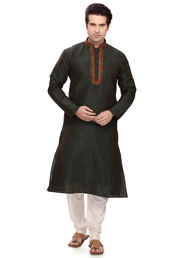 Saris and Things Green Art Silk Readymade Ethnic Indian Kurta Pajama for Men