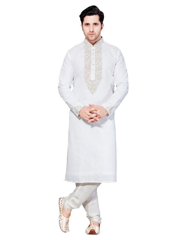 Saris and Things White Linen Readymade Ethnic Indian Kurta Pajama for Men