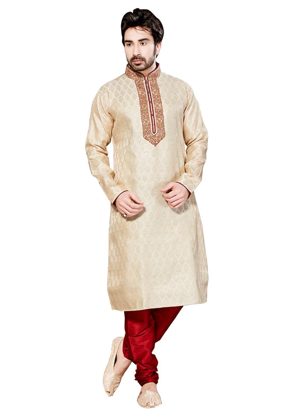 Saris and Things Cream Brocade Readymade Ethnic Indian Kurta Pajama for Men