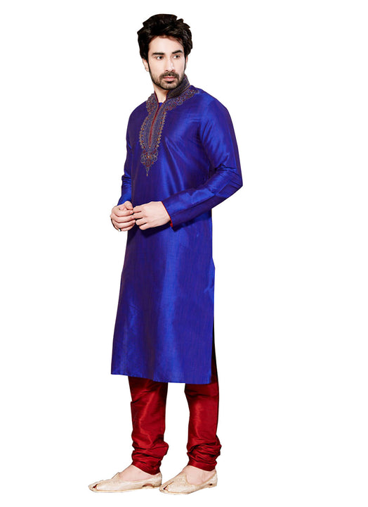 Saris and Things Blue Dupioni Raw Silk Readymade Ethnic Indian Kurta Pajama for Men