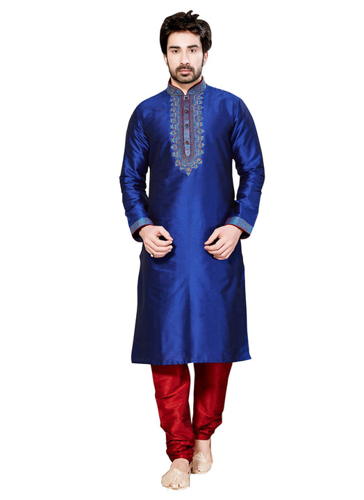 Saris and Things Blue Silk Readymade Ethnic Indian Kurta Pajama for Men