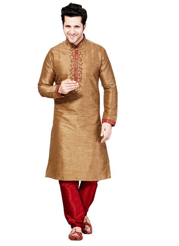 Saris and Things Brown Ghicha Silk Readymade Ethnic Indian Kurta Pajama for Men