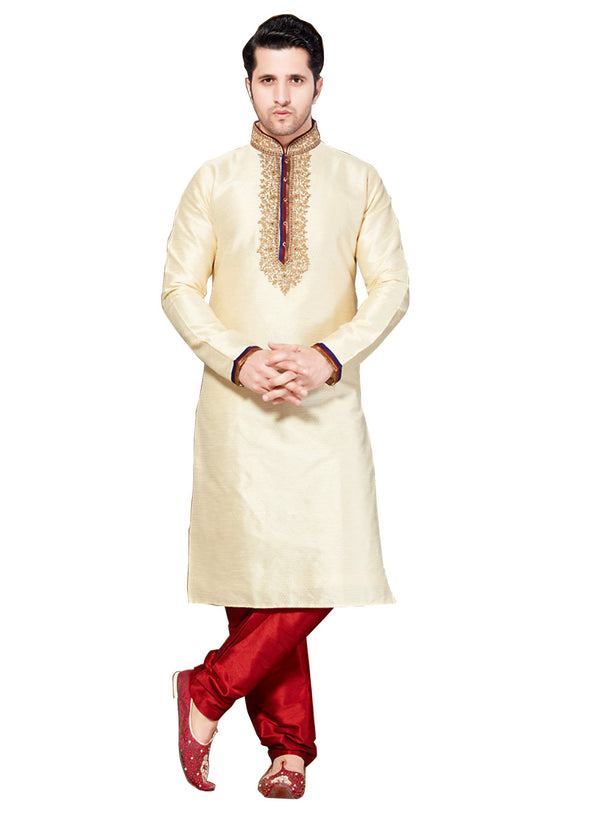 Saris and Things Cream Jacquard Readymade Ethnic Indian Kurta Pajama for Men