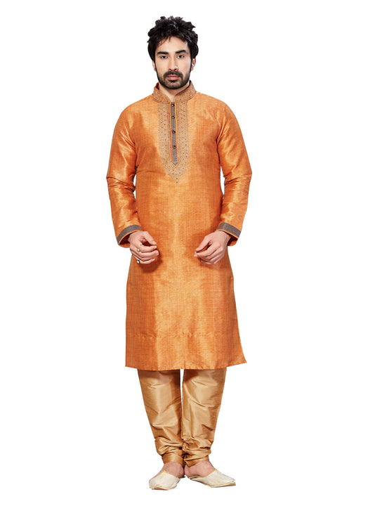 Saris and Things Orange Dupioni Raw Silk & Ghicha Silk Readymade Ethnic Indian Kurta Pajama for Men