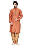 Saris and Things Orange Dupioni Raw Silk & Ghicha Silk Readymade Ethnic Indian Kurta Pajama for Men