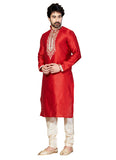 Saris and Things Red Dupioni Raw Silk Readymade Ethnic Indian Kurta Pajama for Men