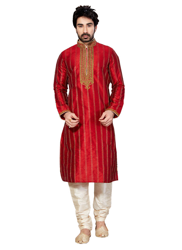 Saris and Things Red Dupioni Raw Silk Readymade Ethnic Indian Kurta Pajama for Men