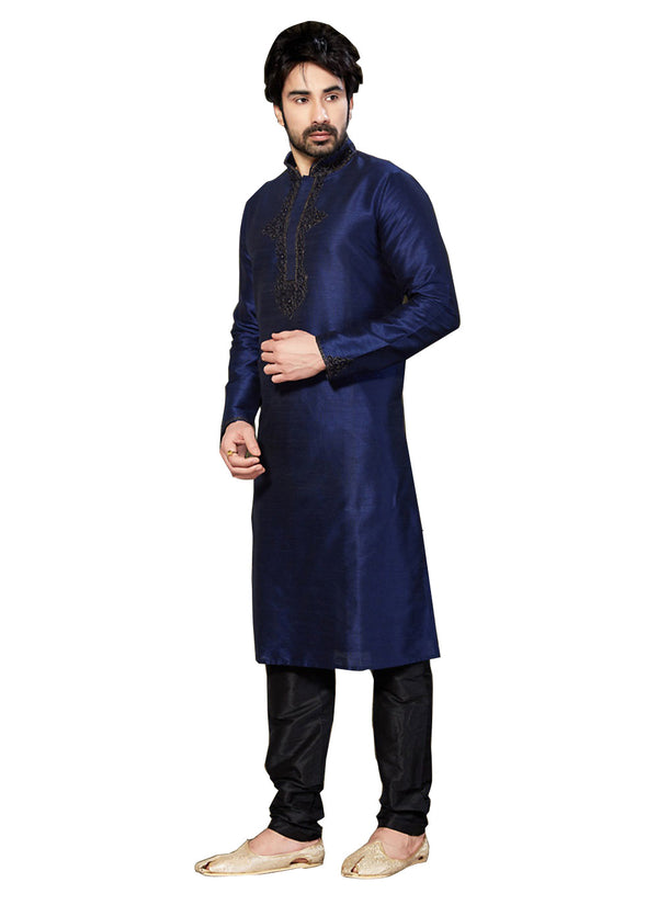 Saris and Things Blue Dupioni Raw Silk Readymade Ethnic Indian Kurta Pajama for Men