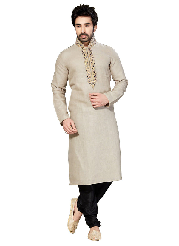 Saris and Things Gray Linen Readymade Ethnic Indian Kurta Pajama for Men