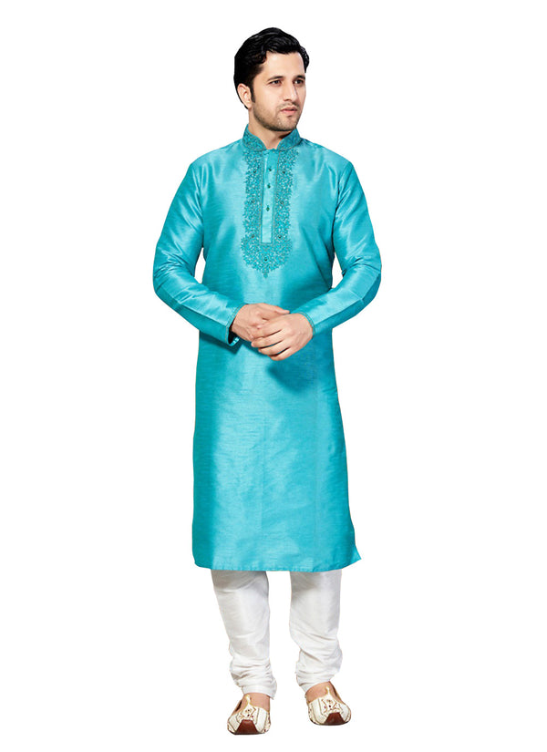 Saris and Things Blue Dupioni Raw Silk Readymade Ethnic Indian Kurta Pajama for Men