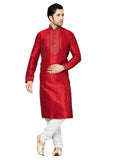 Saris and Things Red Dupioni Raw Silk Readymade Ethnic Indian Kurta Pajama for Men