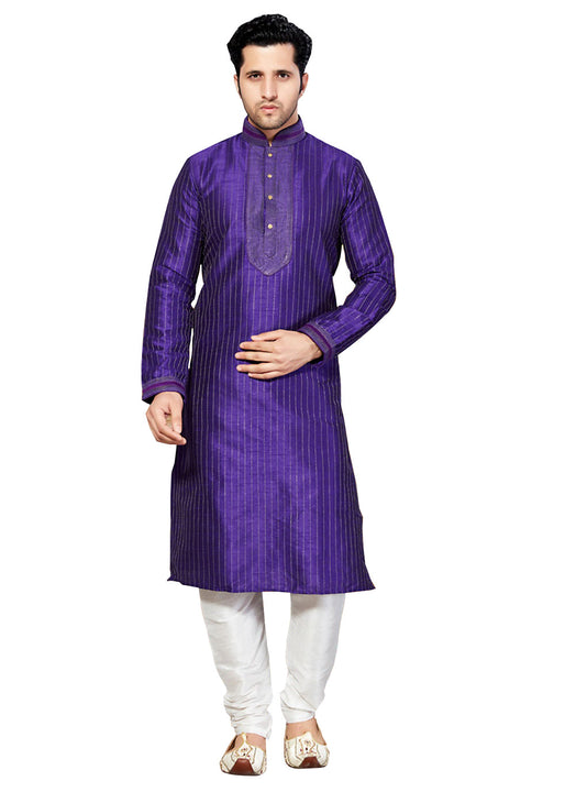 Saris and Things Purple Dupioni Raw Silk Readymade Ethnic Indian Kurta Pajama for Men