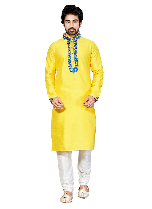 Saris and Things Yellow Dupioni Raw Silk Readymade Ethnic Indian Kurta Pajama for Men