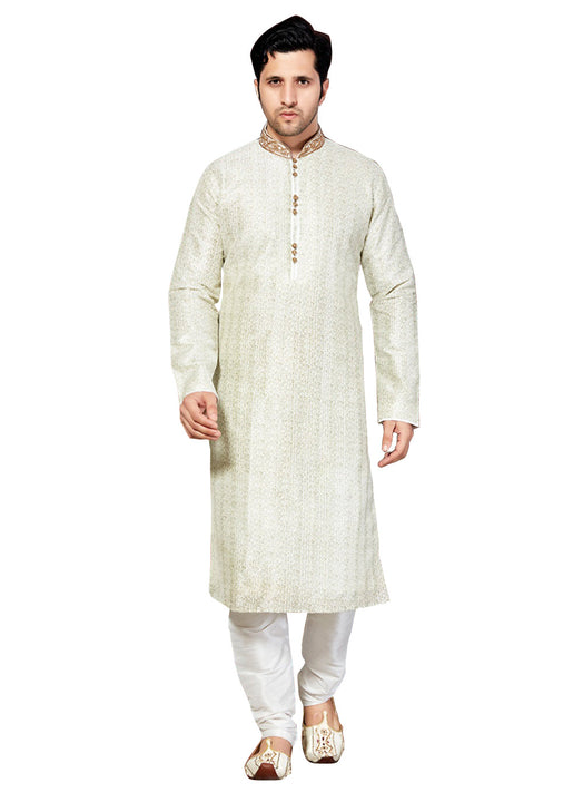 Saris and Things White Dupioni Raw Silk Readymade Ethnic Indian Kurta Pajama for Men