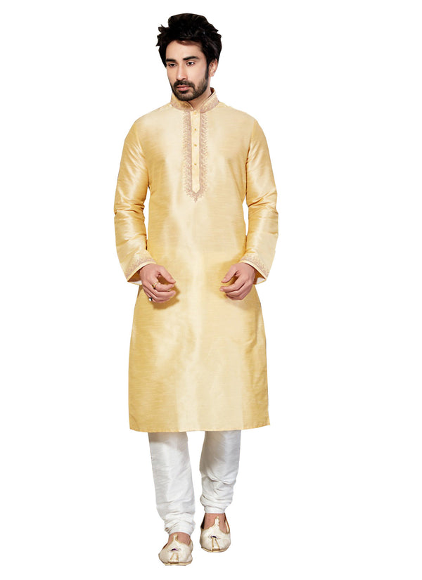 Saris and Things Cream Dupioni Raw Silk Readymade Ethnic Indian Kurta Pajama for Men