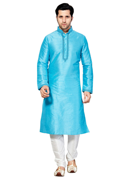 Saris and Things Blue Dupioni Raw Silk Readymade Ethnic Indian Kurta Pajama for Men