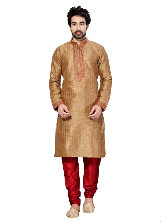 Saris and Things Brown Dupioni Raw Silk Readymade Ethnic Indian Kurta Pajama for Men